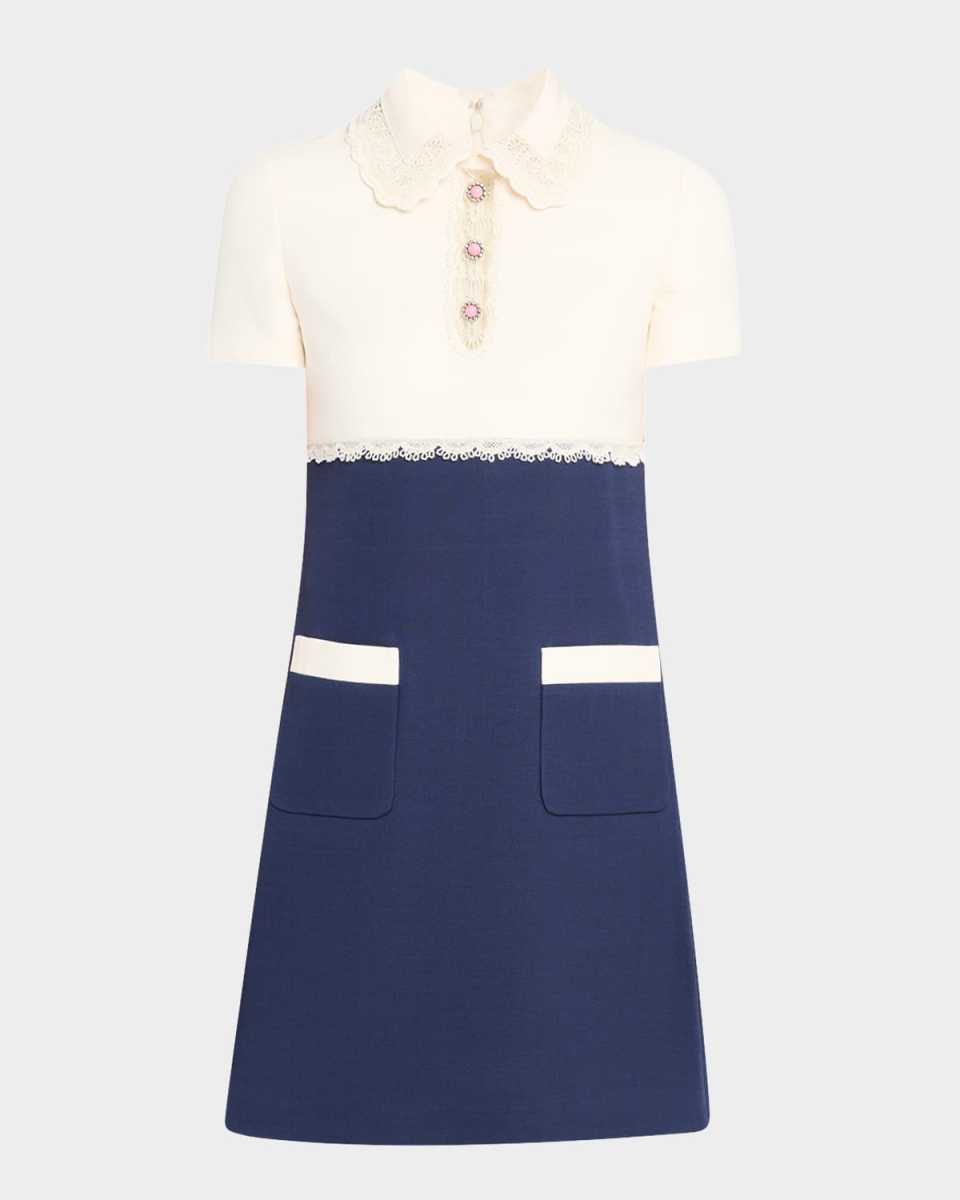 Crystal Lace Short-Sleeve Crepe Mini Polo Dress